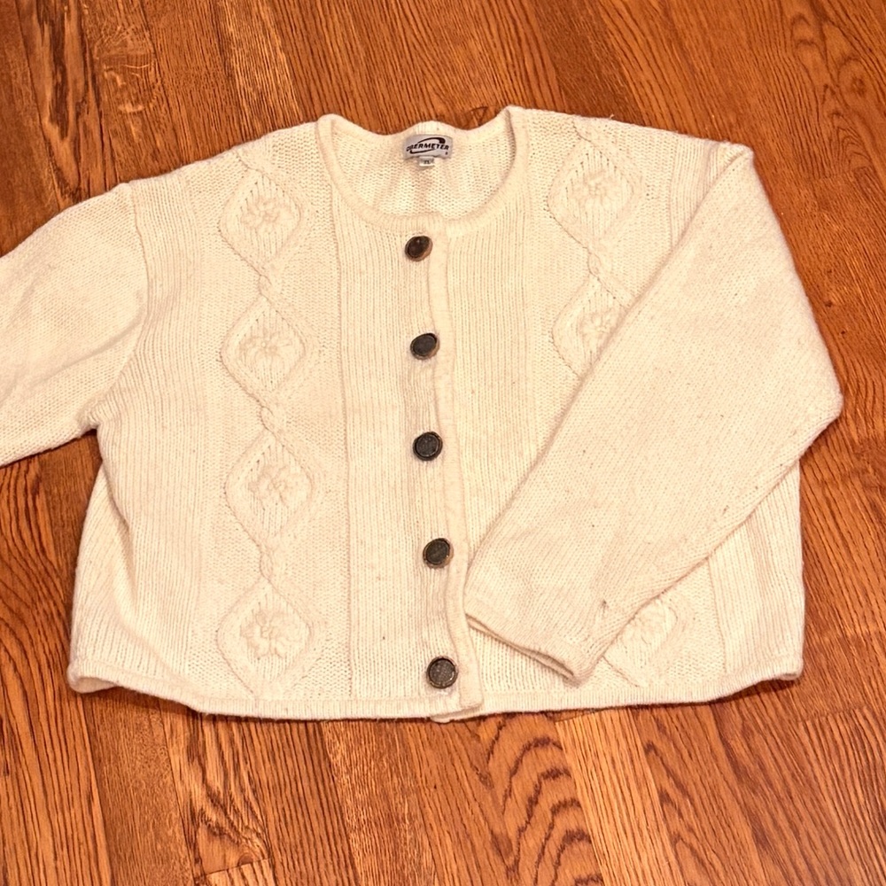 Vintage Cream Cable-Knit Button Cardigan Sweater XL - Women